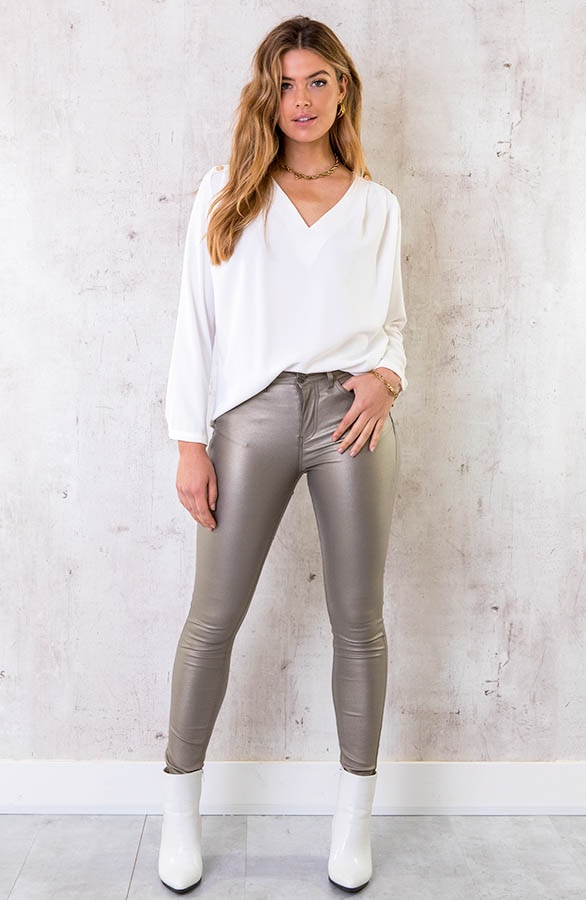 V-hals Gouden Knopen Blouse Ecru – shoparchief, foto 3