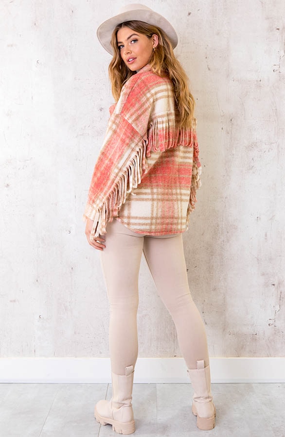 Woven Fringe Jacket Geblokt Roze – shoparchief, foto 4