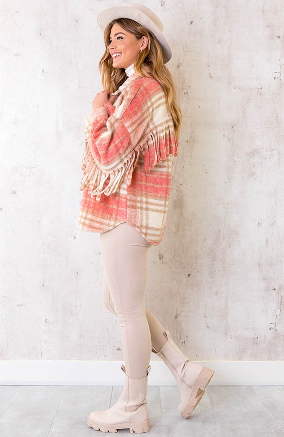 Woven Fringe Jacket Geblokt Roze – shoparchief, foto 3