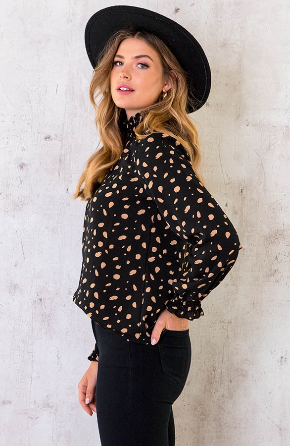 Col Blouse Stippenprint Camel – shoparchief, foto 3