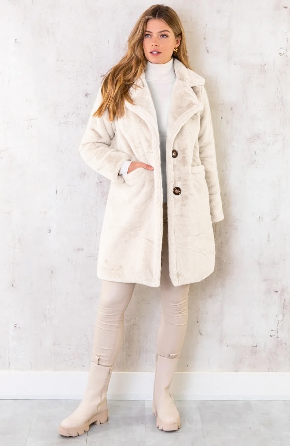 Faux Fur Midi Jas Ecru – shoparchief