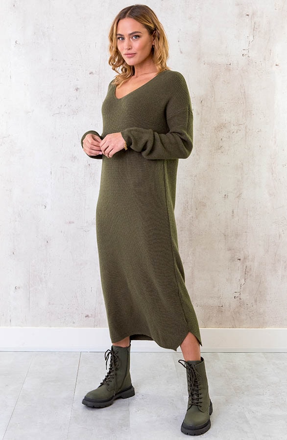 Gebreide Jurk Met V-hals Army – shoparchief