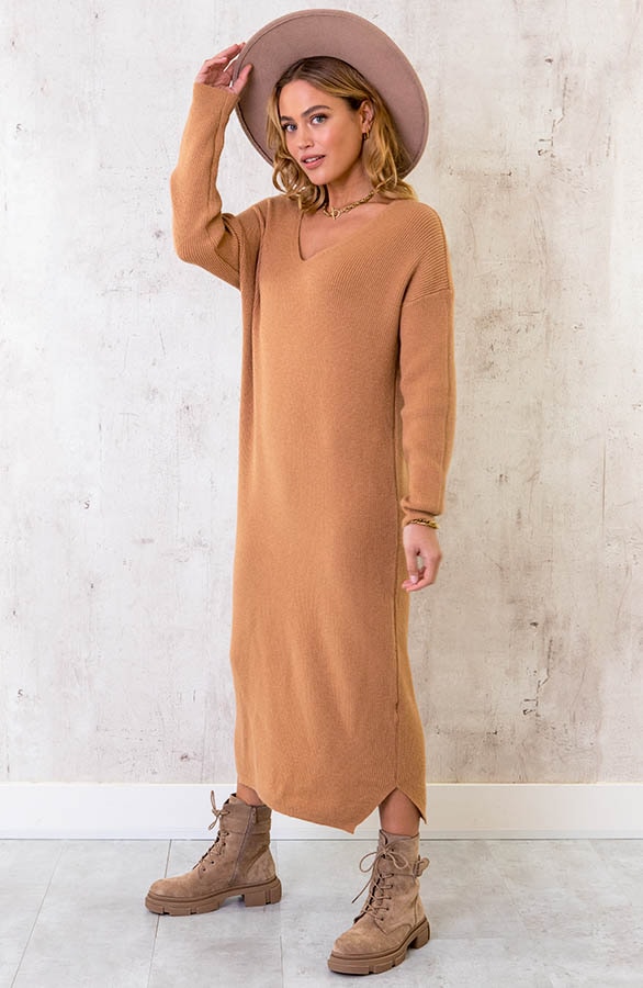 Gebreide Jurk Met V-hals Camel – shoparchief, foto 4