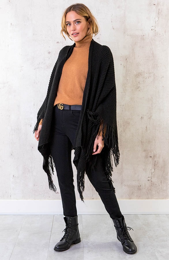 Knitted Fringe Poncho Zwart – shoparchief