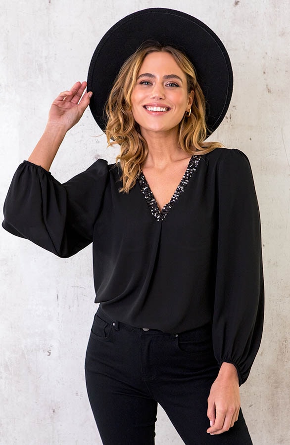 Pailletten V Blouse Zwart – shoparchief