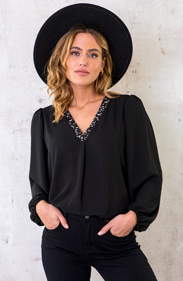 Pailletten V Blouse Zwart – shoparchief, foto 2