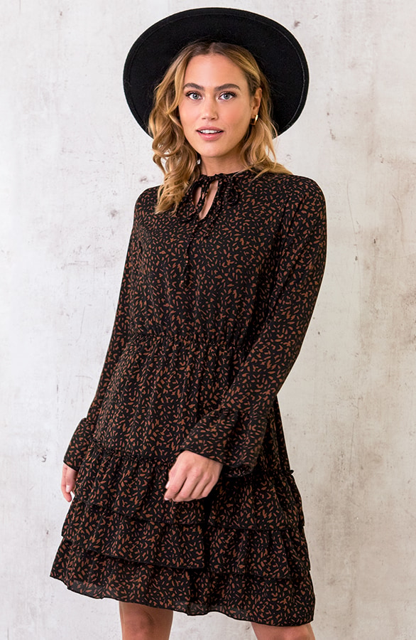 Ruches Print Jurk Cognac – shoparchief