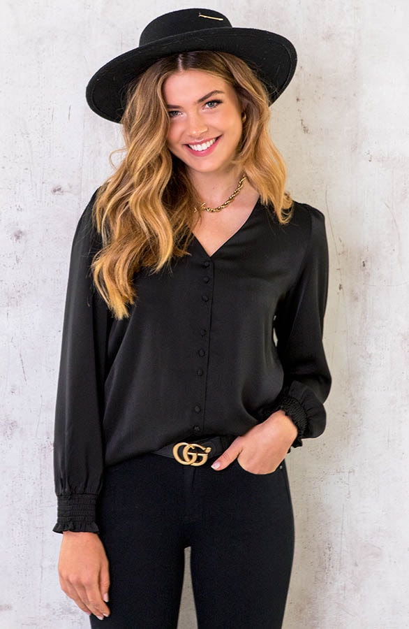 Silk Knopen Blouse Zwart – shoparchief, foto 2