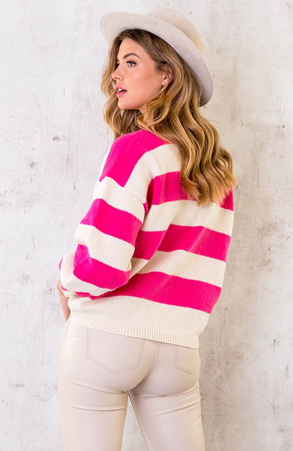 Strepen Trui Beige Fuchsia – shoparchief, foto 4