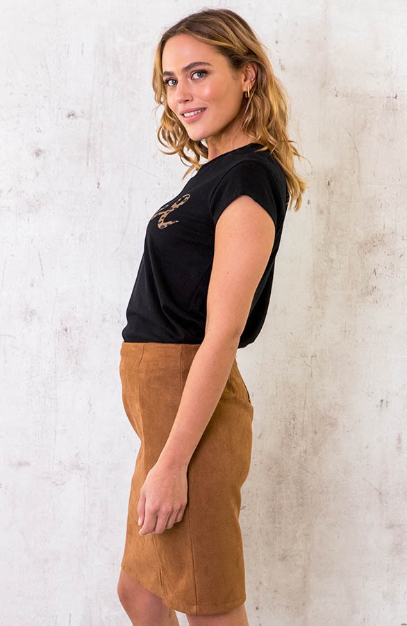 Suede Rok Met Split Cognac – shoparchief, foto 3