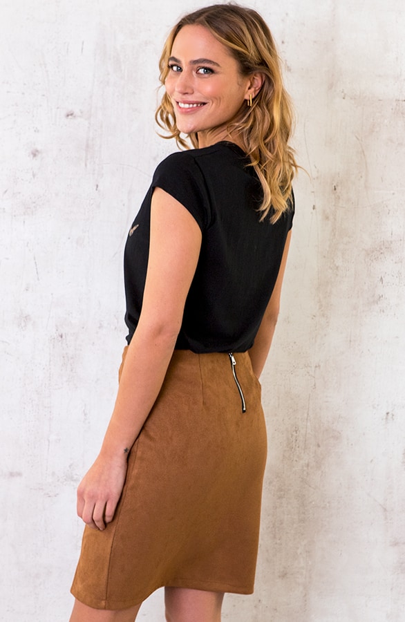 Suede Rok Met Split Cognac – shoparchief, foto 4