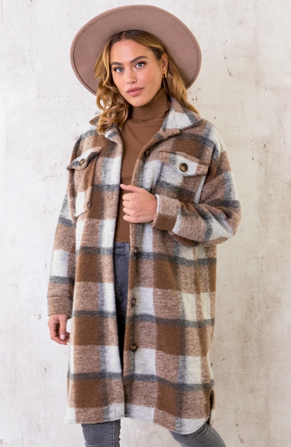 Woven Coat Geblokt Beige – shoparchief
