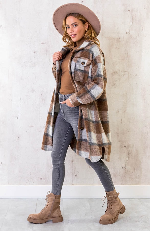 Woven Coat Geblokt Beige – shoparchief, foto 3