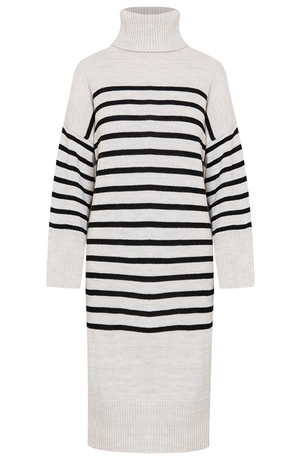 Oversized Col Strepen Jurk Beige – shoparchief