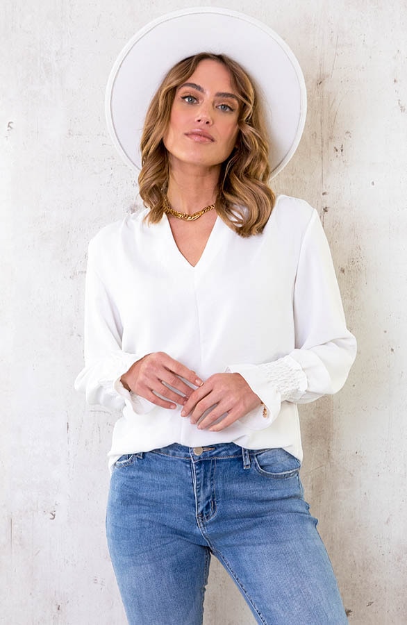 Basic V-hals Blouse Ecru – shoparchief, foto 2