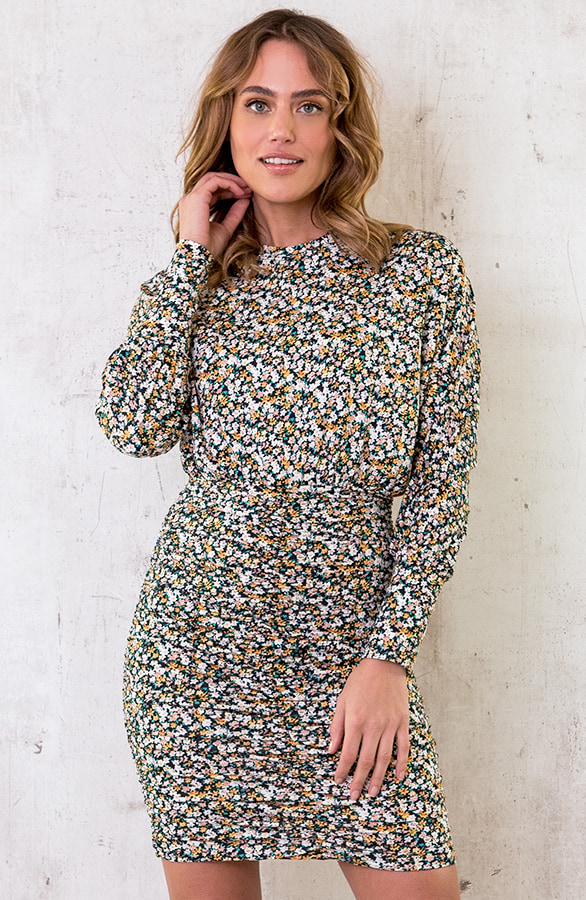 Bloemen Plooien Jurk Zwart Geel – shoparchief