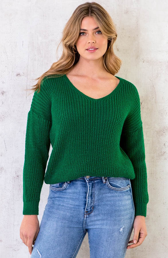 Gebreide Basic V-trui Bright Green – shoparchief