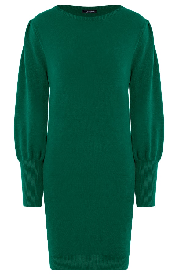 Knitted Jurk Met Pofmouwen Smaragd – shoparchief