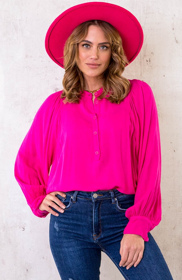 Katoenen Oversized Knopen Blouse Fuchsia – shoparchief