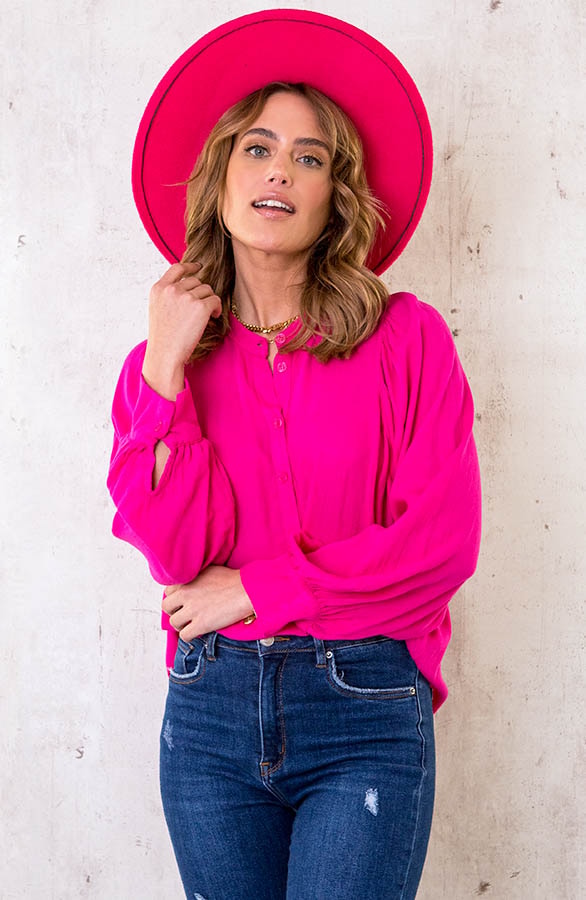 Katoenen Oversized Knopen Blouse Fuchsia – shoparchief, foto 2