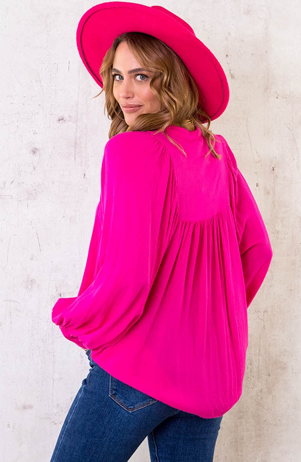 Katoenen Oversized Knopen Blouse Fuchsia – shoparchief, foto 4