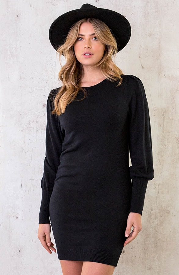 Knitted Jurk Met Pofmouwen Dames Zwart – shoparchief, foto 2