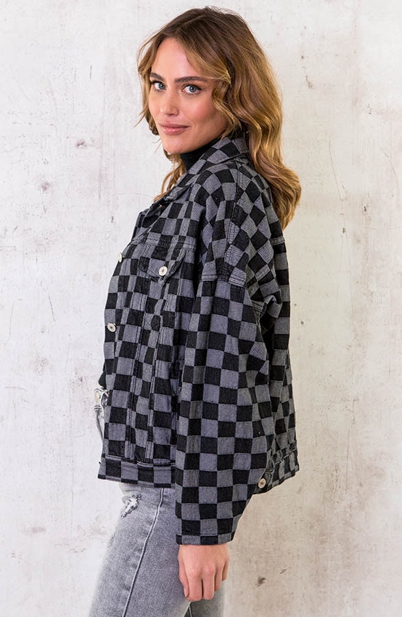 Oversized Denim Jacket Geblokt Black – shoparchief, foto 3