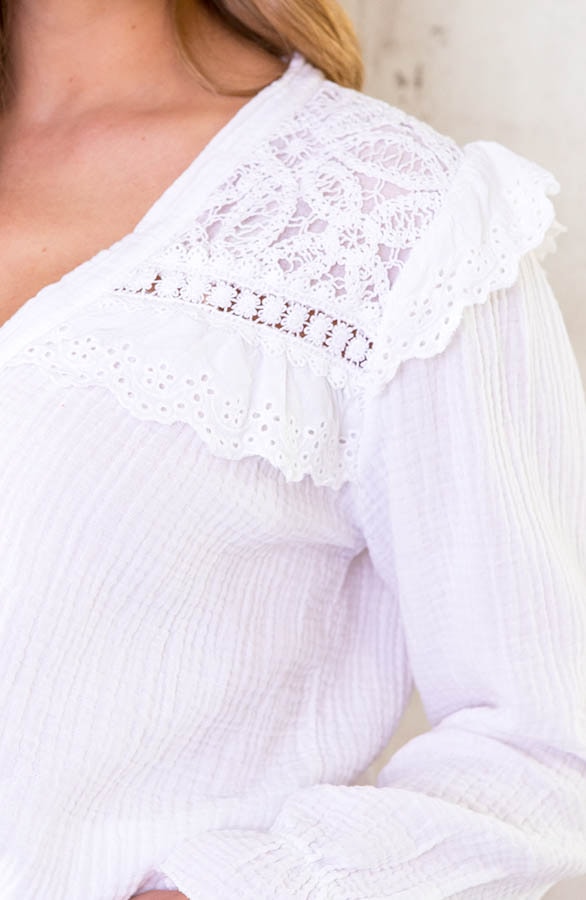 Oversized Katoenen Kanten Blouse Wit – shoparchief, foto 4