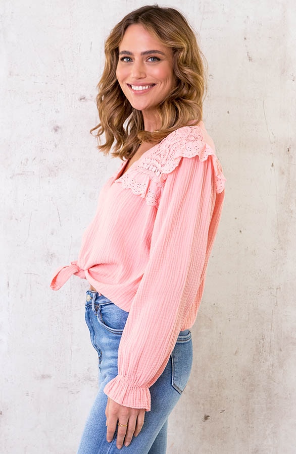 Oversized Katoenen Kanten Blouse Zalmroze – shoparchief, foto 3