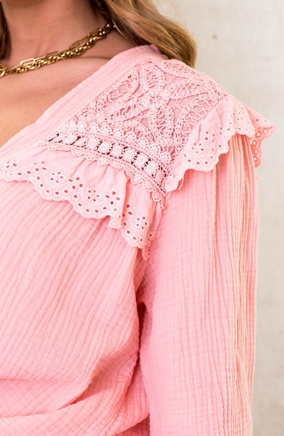 Oversized Katoenen Kanten Blouse Zalmroze – shoparchief, foto 5