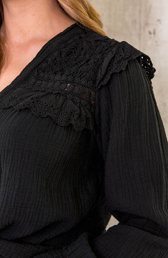 Oversized Katoenen Kanten Blouse Zwart – shoparchief, foto 5