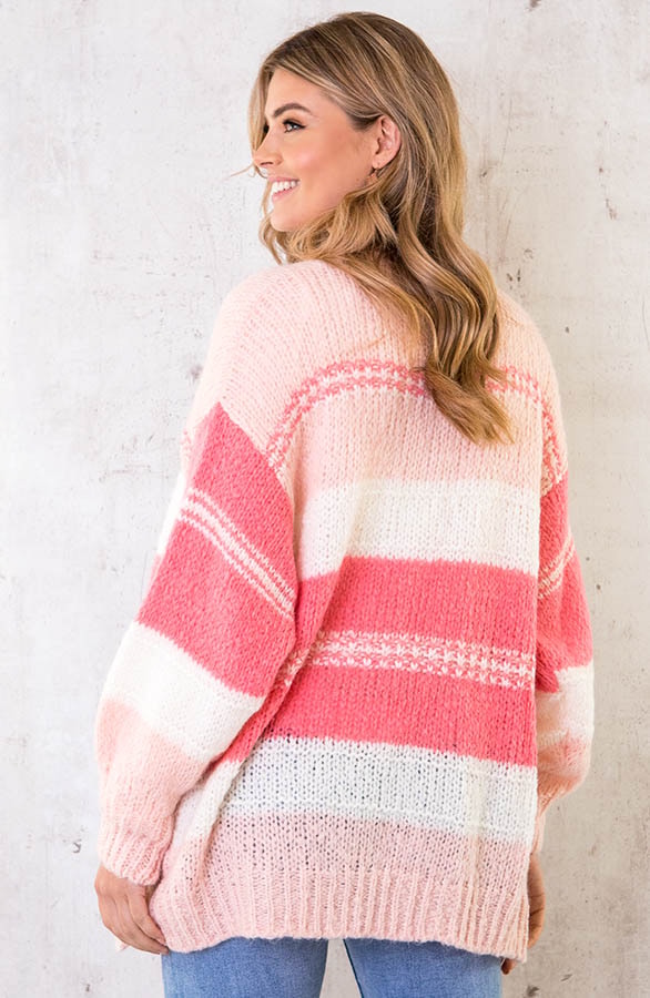 Oversized Knitted Strepen Vest Roze – shoparchief, foto 3