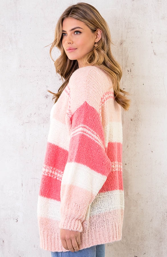 Oversized Knitted Strepen Vest Roze – shoparchief