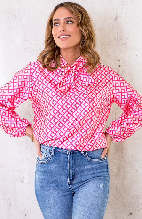 Satijnen Strik Blouse Print Roze – shoparchief, foto 2