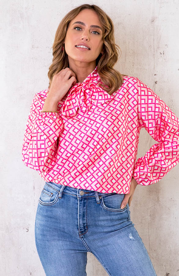 Satijnen Strik Blouse Print Roze – shoparchief