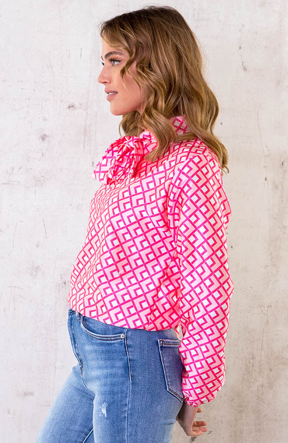 Satijnen Strik Blouse Print Roze – shoparchief, foto 3