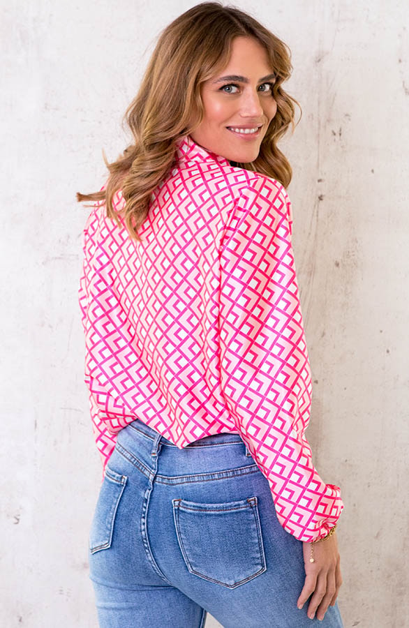 Satijnen Strik Blouse Print Roze – shoparchief, foto 4