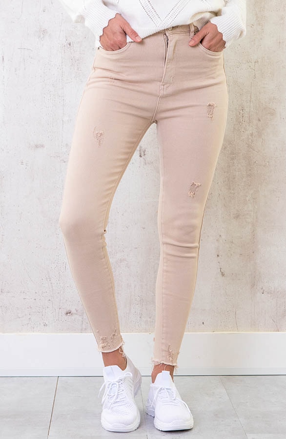 Skinny Jeans High Waist Damaged Beige – shoparchief