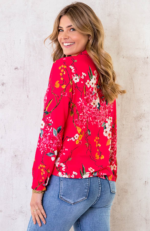 V-hals Bloemen Blouse Fuchsia – shoparchief, foto 4