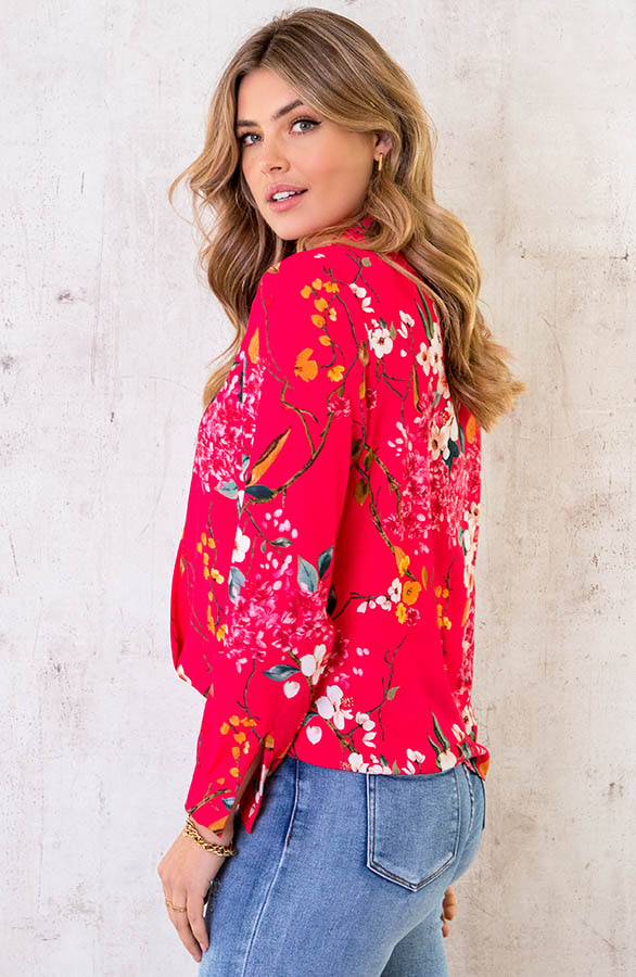 V-hals Bloemen Blouse Fuchsia – shoparchief, foto 3