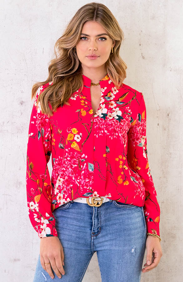 V-hals Bloemen Blouse Fuchsia – shoparchief