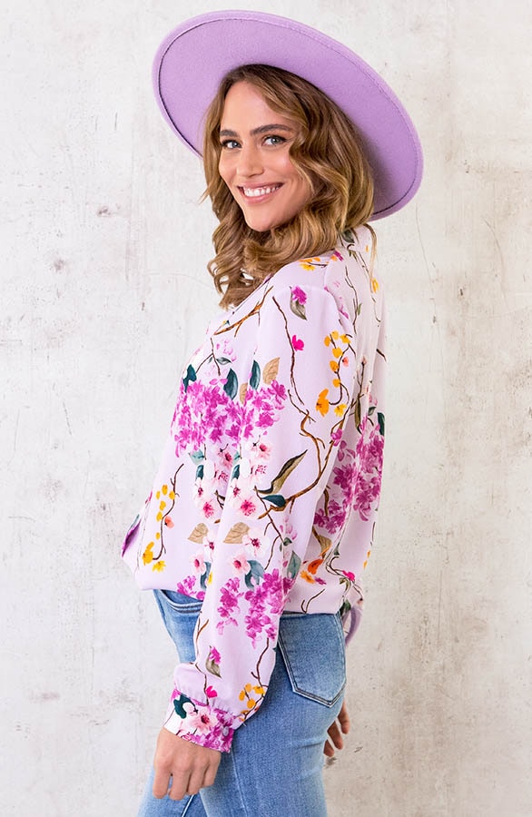 V-hals Bloemen Blouse Lila – shoparchief, foto 3