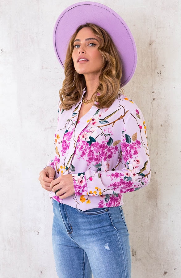 V-hals Bloemen Blouse Lila – shoparchief, foto 2
