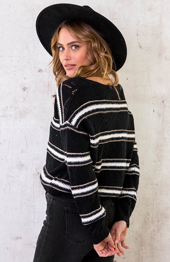 V-hals Gehaakte Lurex Trui Zwart – shoparchief, foto 3