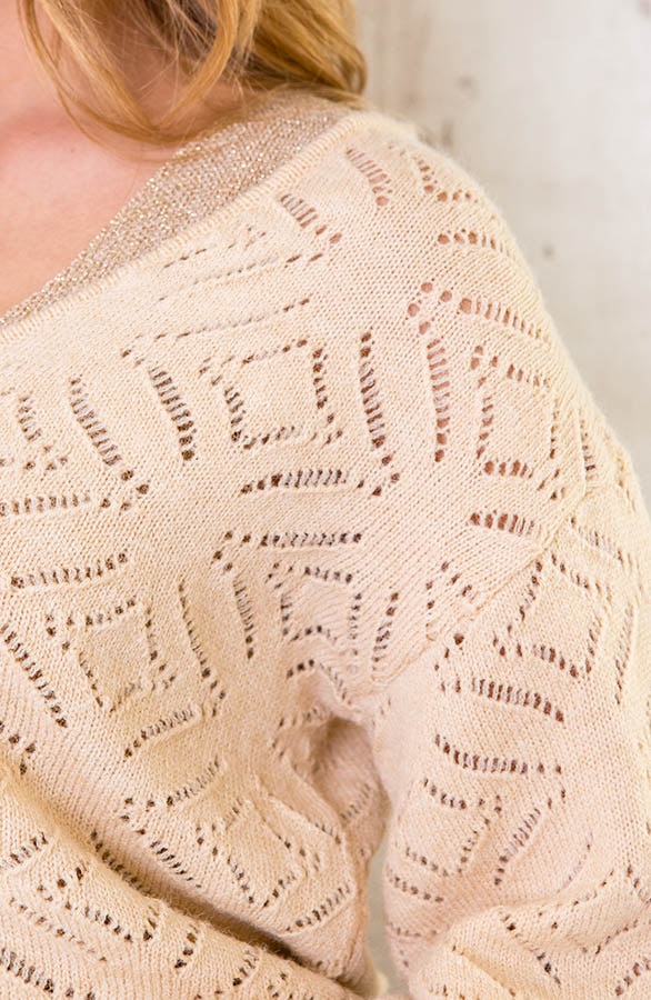 V-hals Trui Gehaakt Beige – shoparchief, foto 5