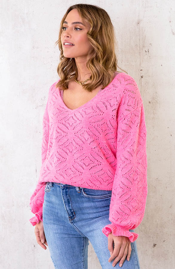 V-hals Trui Gehaakt Roze – shoparchief, foto 3
