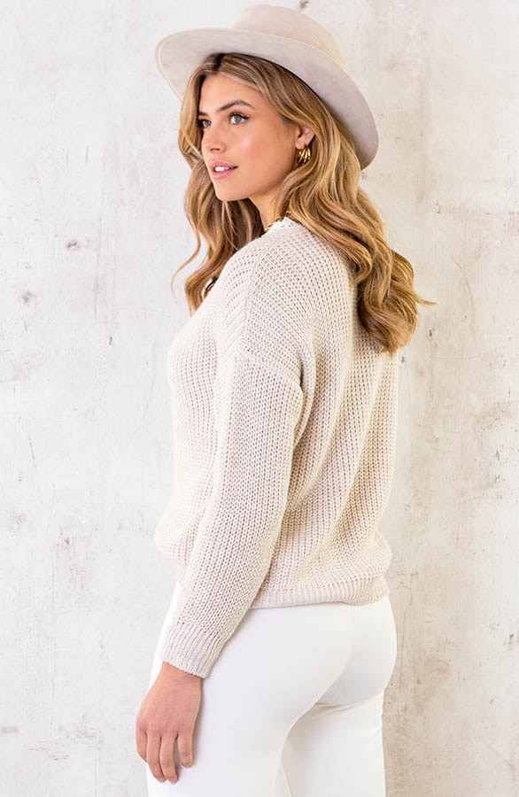 Basic Kanten V-hals Trui Beige – shoparchief, foto 4