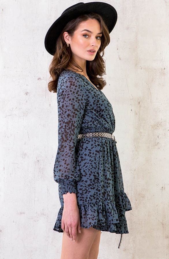Cheetah Overslag Ruches Jurk Jeansblauw – shoparchief, foto 4