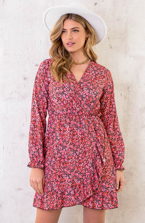 Flower Overslag Jurk Koraal Rood – shoparchief, foto 2