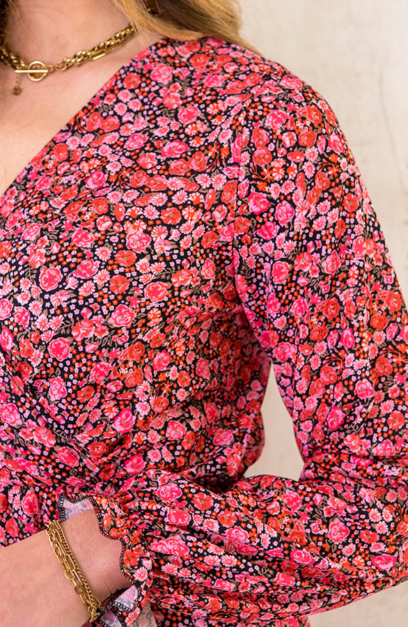 Flower Overslag Jurk Koraal Rood – shoparchief, foto 5